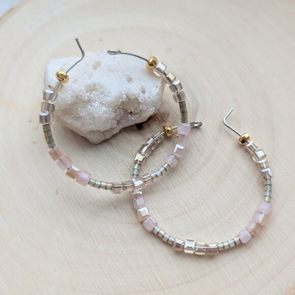 Shimmery Pink Cubed Glass Champagne and Pink Steel Hoop Earrings - Picture 5 of 10